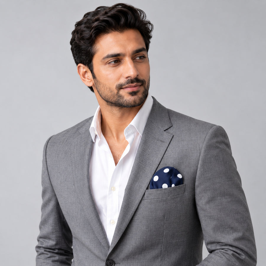 Navy Blue Polka Dots Medium pocket square — model · light grey and open collar.
