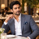 Navy Blue Polka Dots Medium pocket square — restaurant lifestyle.