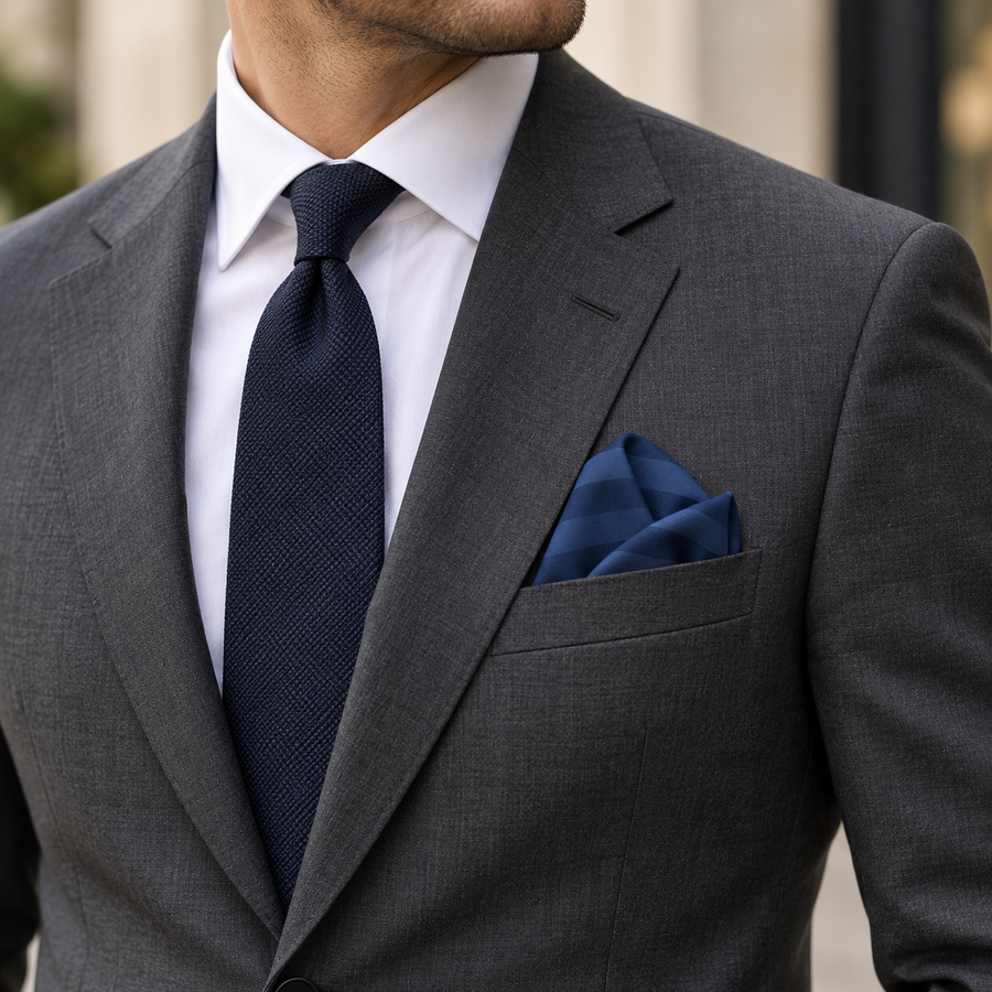 Navy Sateen Stripe Silk Pocket Square — product photograph 4