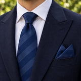 Navy Sateen Stripe silk tie and matching pocket square — Navy peak lapel · pointed fold