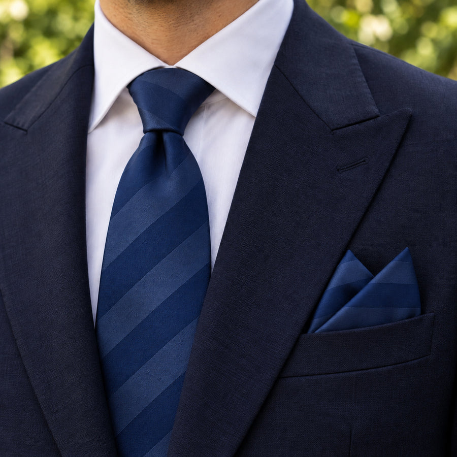 Navy Sateen Stripe silk tie and matching pocket square — Navy peak lapel · pointed fold