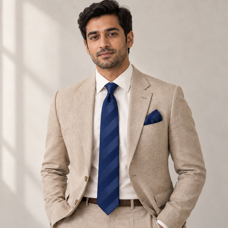 Navy Sateen Stripe silk tie and matching pocket square — Light beige · studio portrait