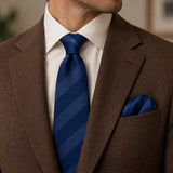 Navy Sateen Stripe silk tie and matching pocket square — Tobacco brown · notch lapel
