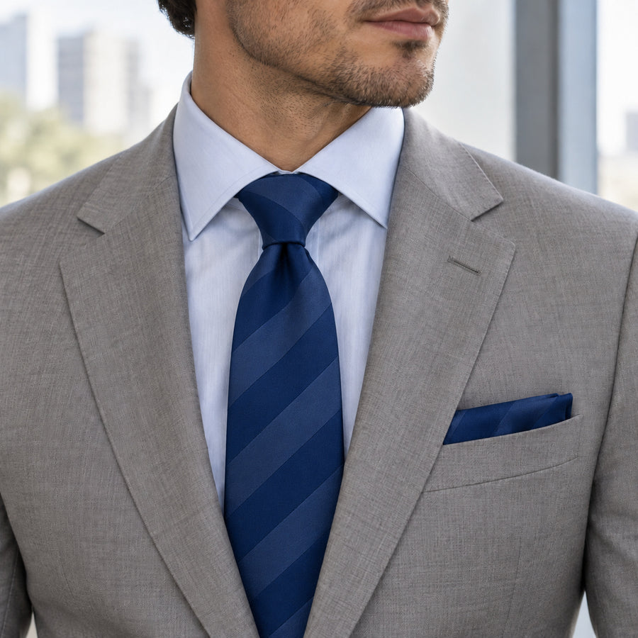 Navy Sateen Stripe silk tie and matching pocket square — Stone grey · pale blue shirt