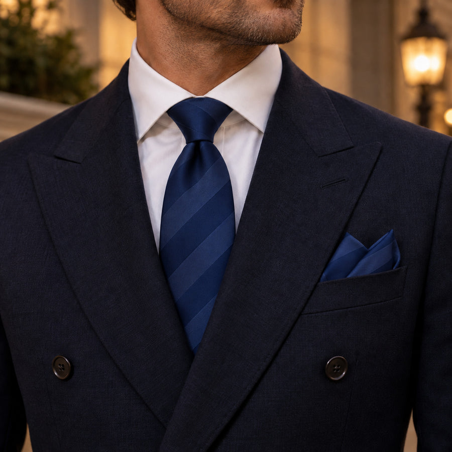 Navy Sateen Stripe silk tie and matching pocket square — Midnight blue · evening detail