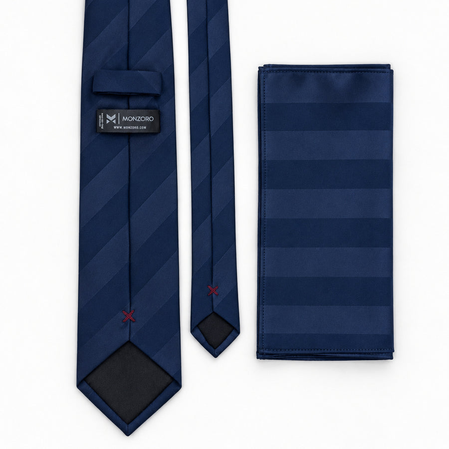 Navy Sateen Stripe silk tie and matching pocket square — Rear construction and matching fold
