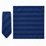 Navy Sateen Stripe silk tie and matching pocket square — Full square · overhead pair