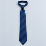 Navy Sateen Stripe Silk Tie — Relaxed knotted layout