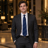 Navy Sateen Stripe Silk Tie — Charcoal suit evening