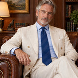Navy Sateen Stripe Silk Tie — Ivory jacket lifestyle