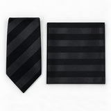 Noir Shadow Stripe silk tie and matching pocket square — Polished folded pair