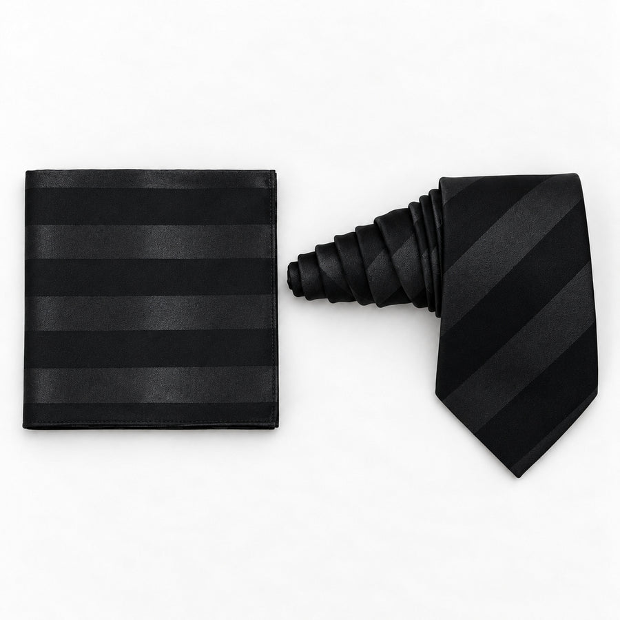 Noir Shadow Stripe silk tie and matching pocket square — Natural coiled pair