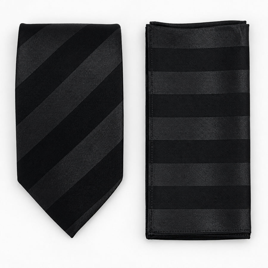 Noir Shadow Stripe silk tie and matching pocket square — Matching weave and hem