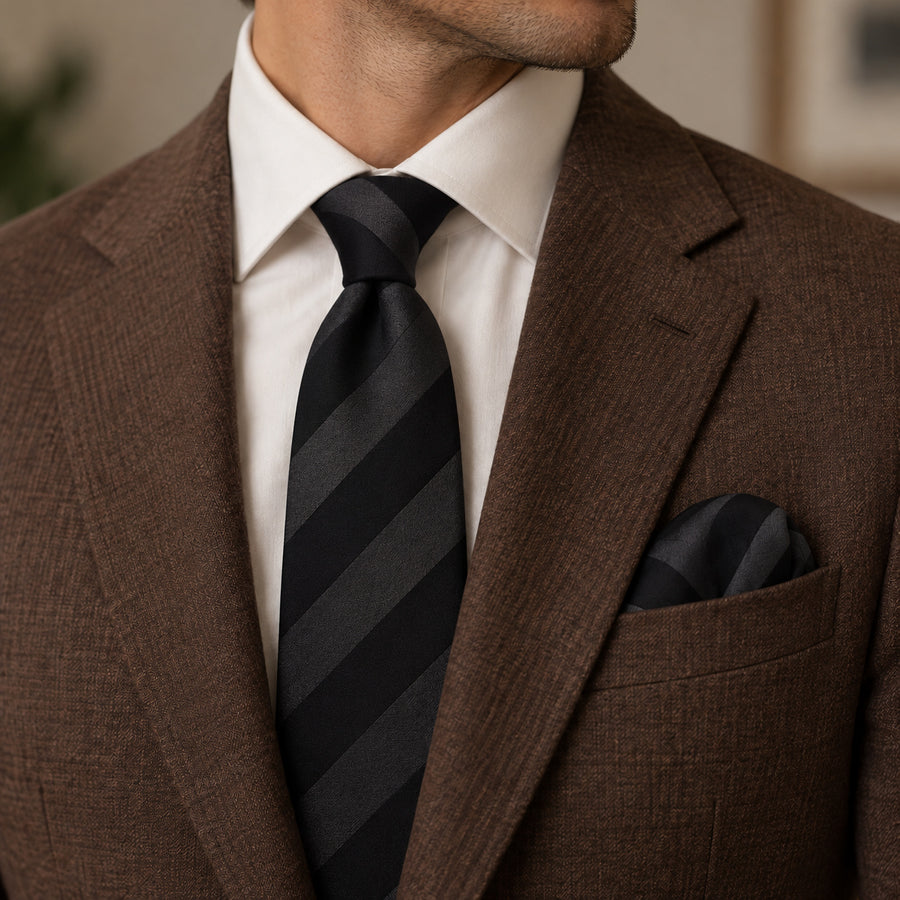 Noir Shadow Stripe silk tie and matching pocket square — Tobacco brown · notch lapel