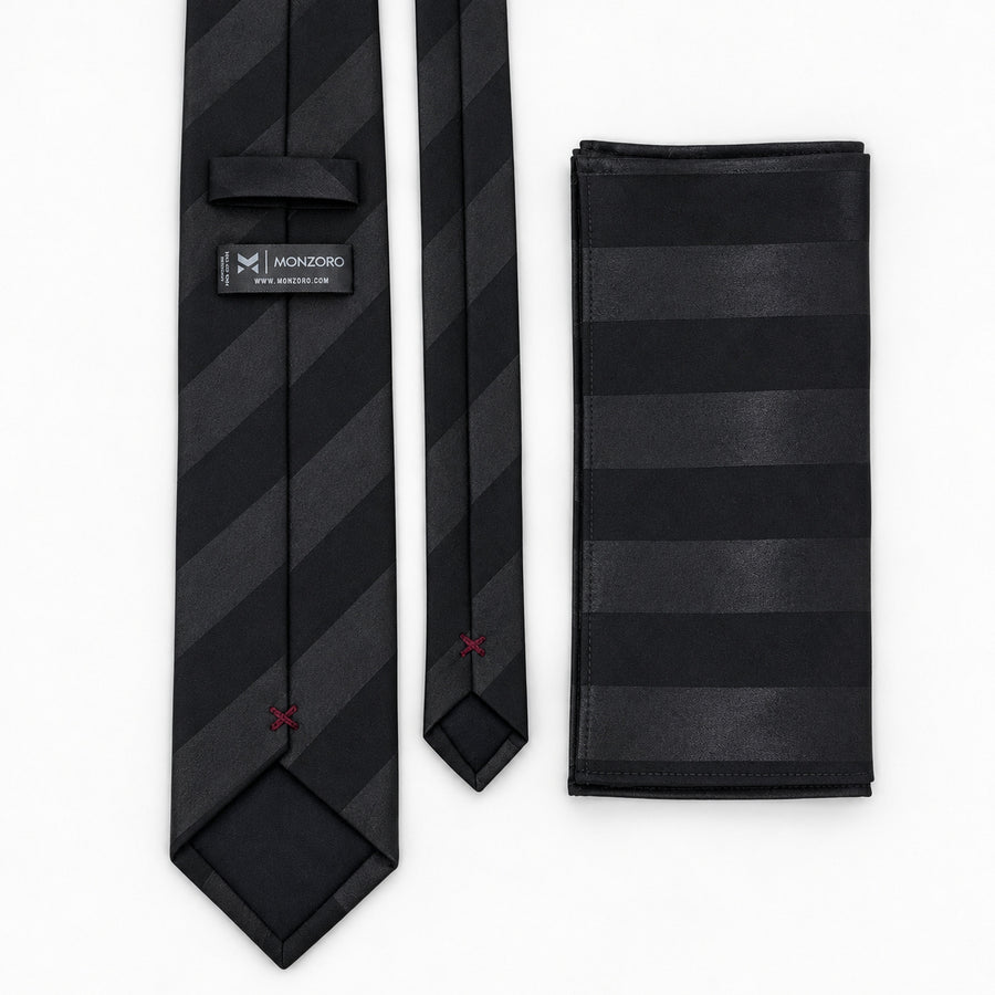 Noir Shadow Stripe silk tie and matching pocket square — Rear construction and matching fold