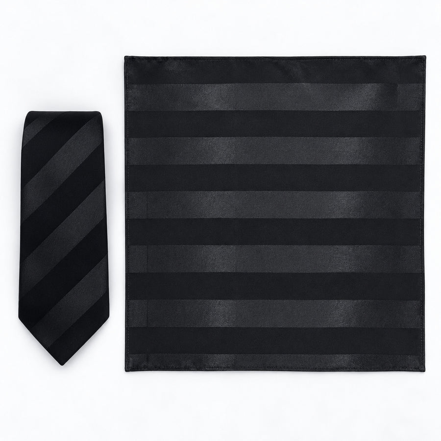 Noir Shadow Stripe silk tie and matching pocket square — Full square · overhead pair