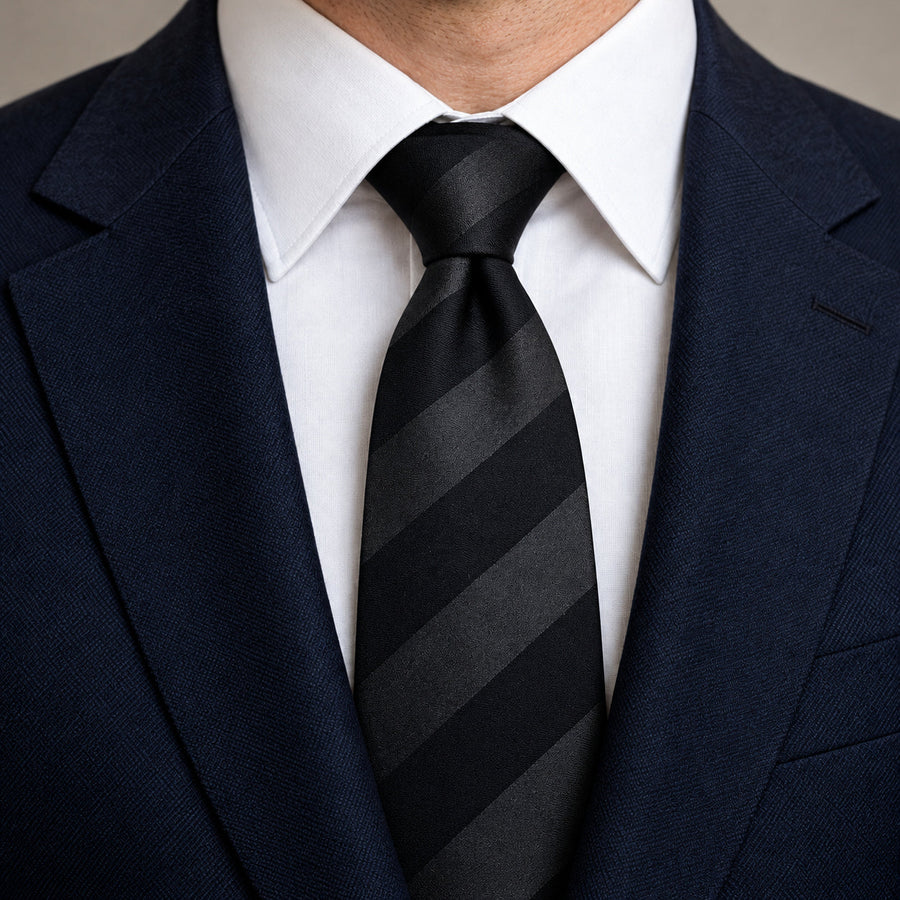 Noir Shadow Stripe Silk Tie — Knot and lapel close-up