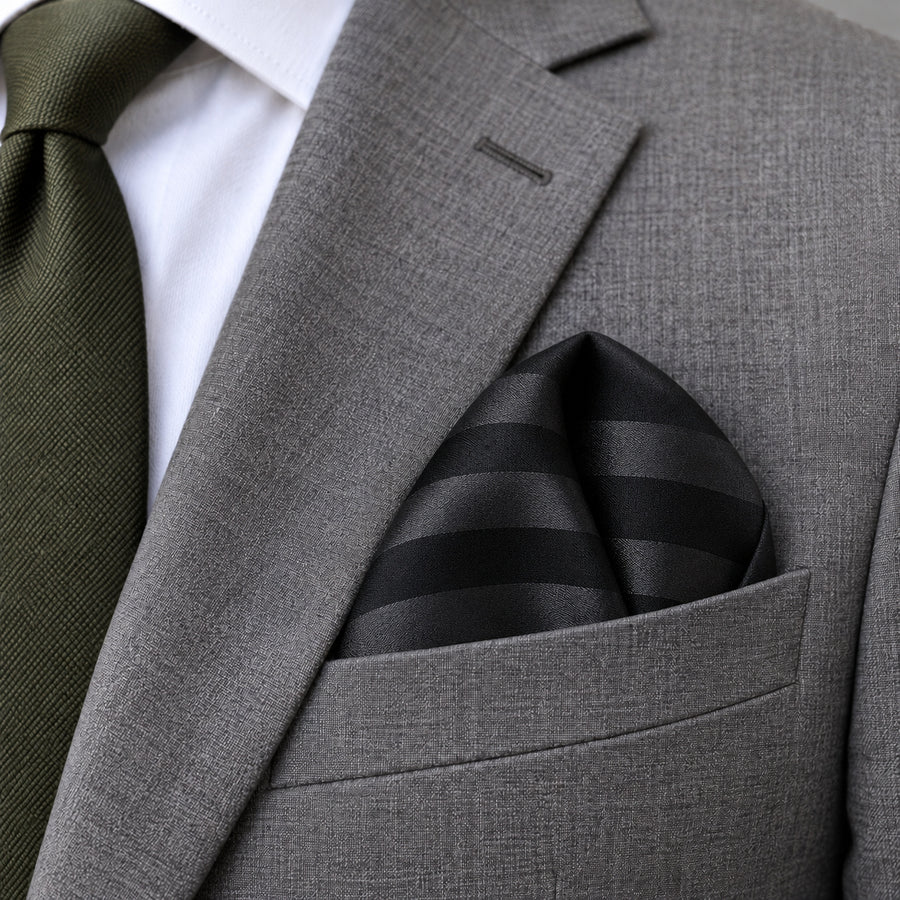 Noir Shadow Striped Silk Pocket Square — Close-up wearing detail