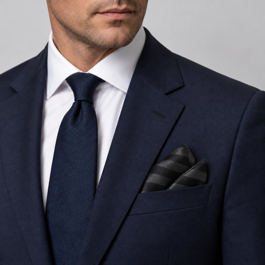 Noir Shadow Striped Silk Pocket Square — Formal model · navy and tie