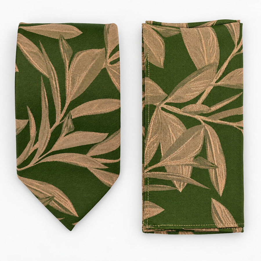 Olive Laurel Leaf silk tie and matching pocket square — Matching weave and hem