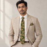 Olive Laurel Leaf silk tie and matching pocket square — Light beige · studio portrait