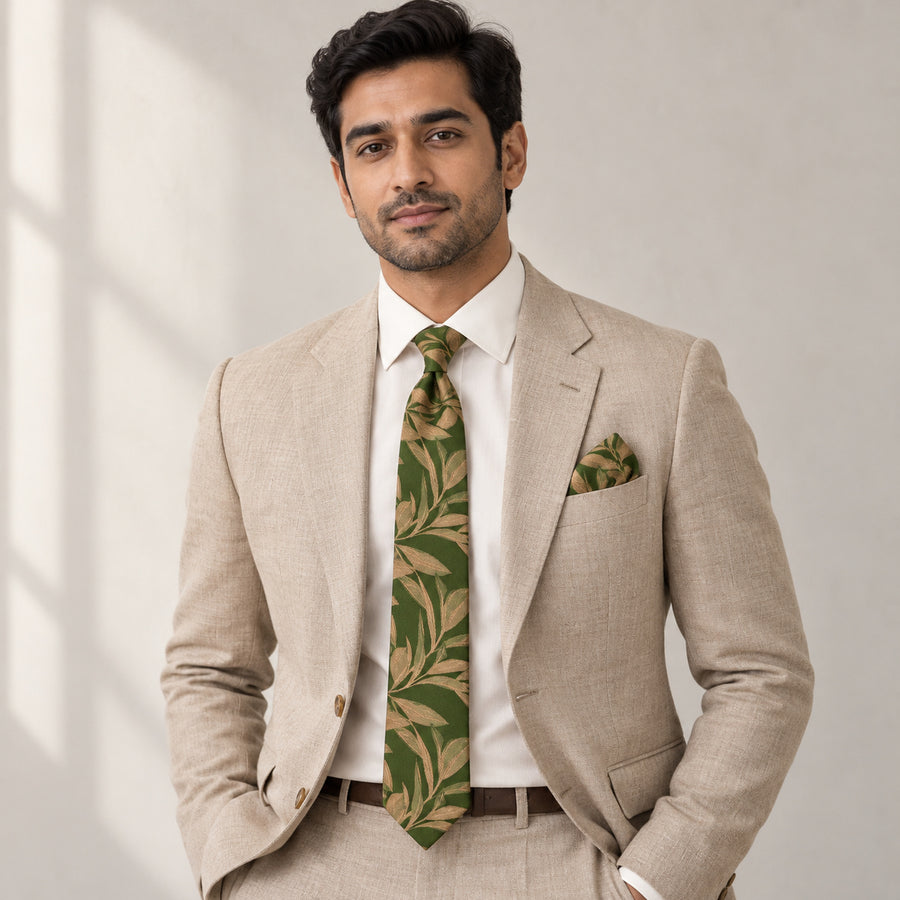 Olive Laurel Leaf silk tie and matching pocket square — Light beige · studio portrait