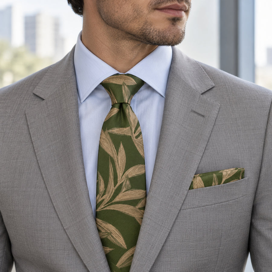 Olive Laurel Leaf silk tie and matching pocket square — Stone grey · pale blue shirt