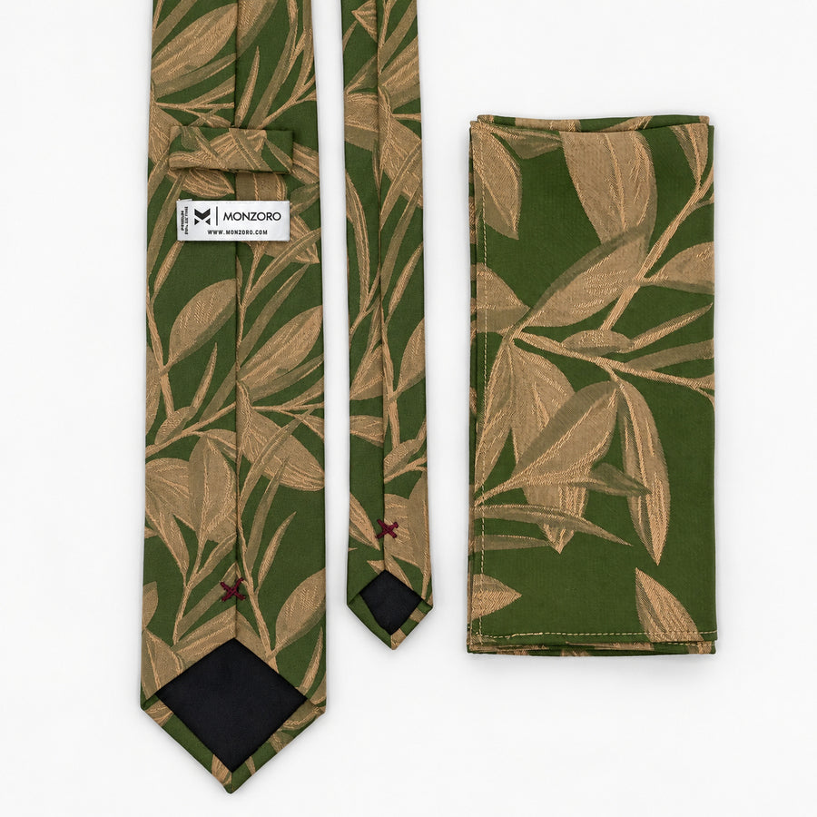 Olive Laurel Leaf silk tie and matching pocket square — Rear construction and matching fold