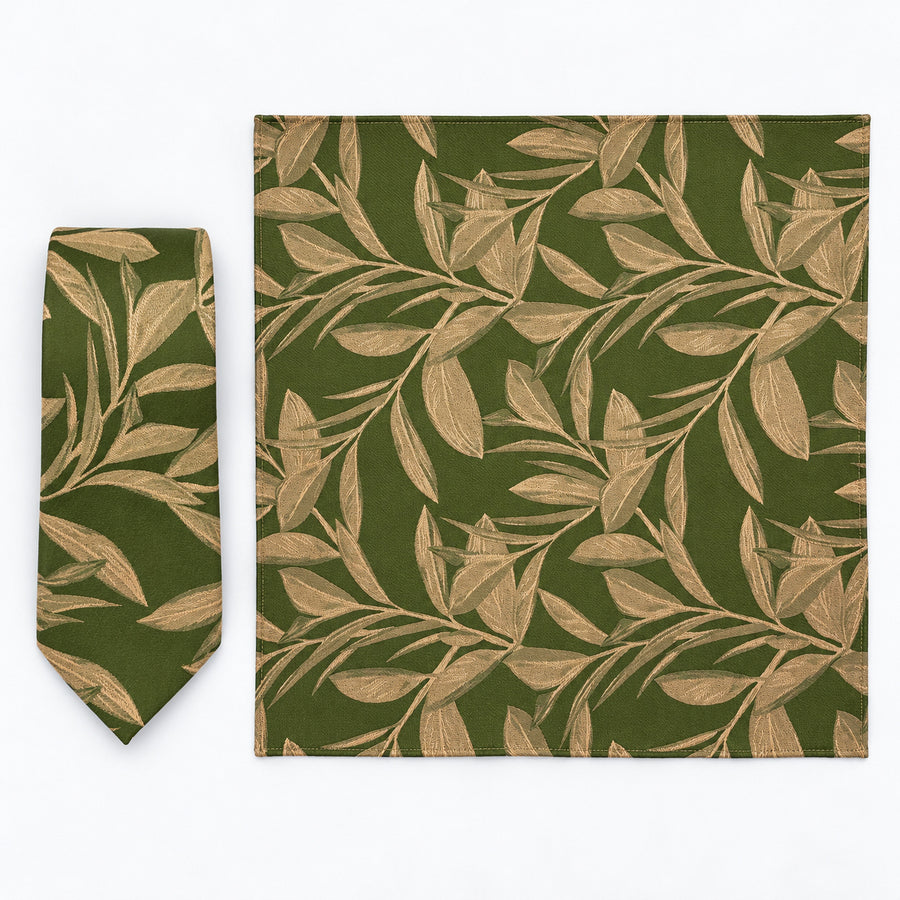 Olive Laurel Leaf silk tie and matching pocket square — Full square · overhead pair