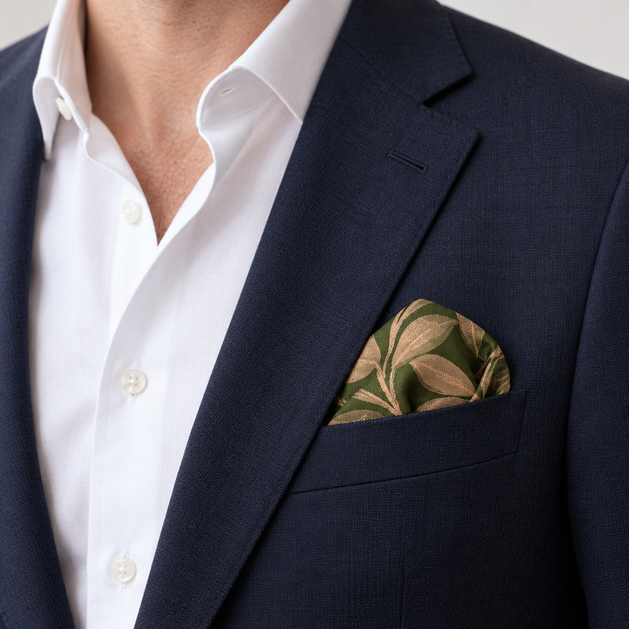 Olive Laurel Leaf Silk Pocket Square — navy jacket · rounded puff.