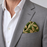 Olive Laurel Leaf Silk Pocket Square — light jacket · rounded puff.