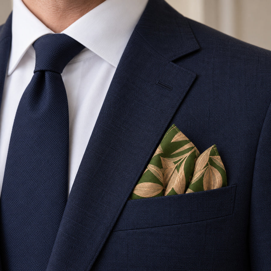 Olive Laurel Leaf Silk Pocket Square — navy jacket · pointed fold.