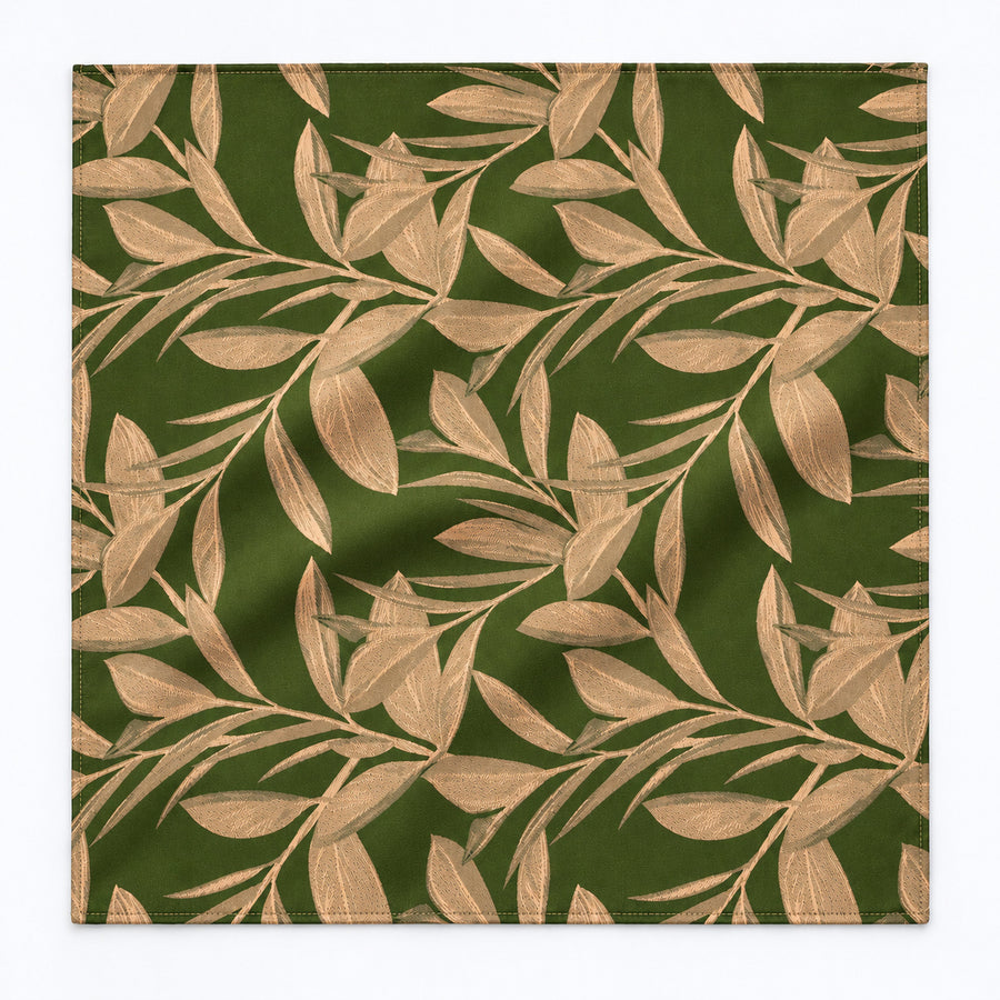 Olive Laurel Leaf Silk Pocket Square — unfolded studio detail.