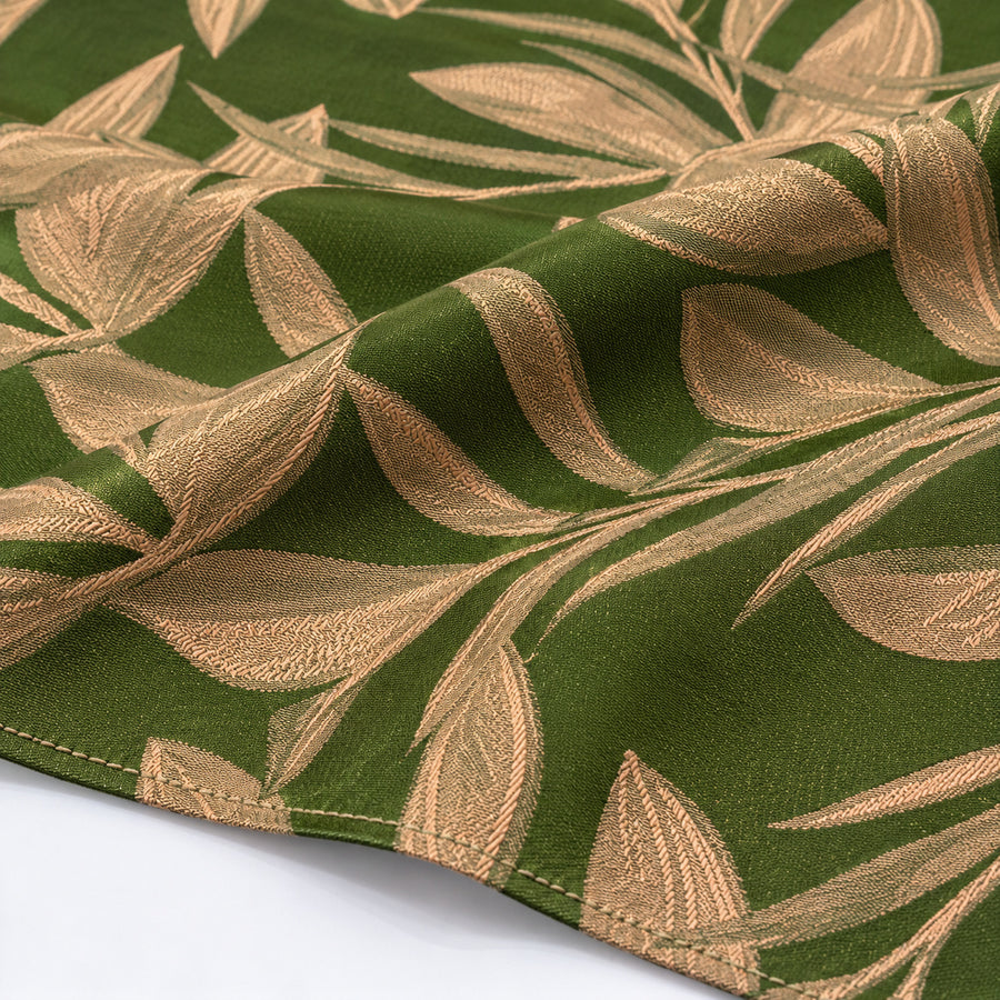 Olive Laurel Leaf Silk Pocket Square — fabric and design close-up.