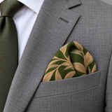 Olive Laurel Leaf Silk Pocket Square — close-up wearing detail.