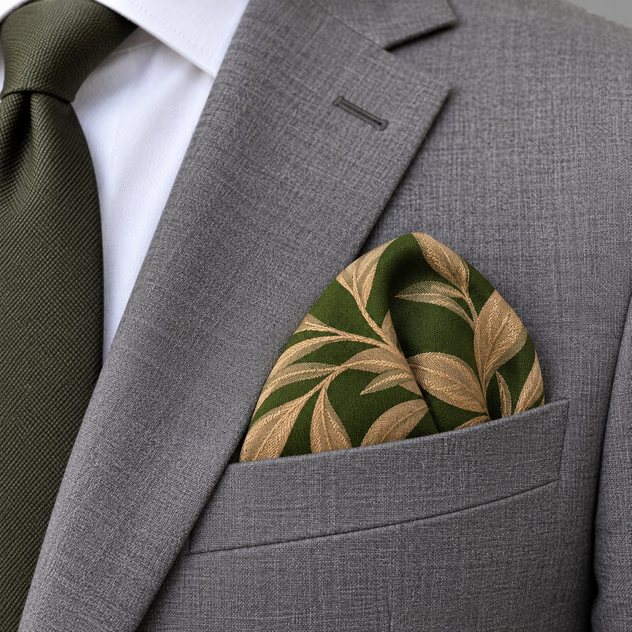 Olive Laurel Leaf Silk Pocket Square — close-up wearing detail.