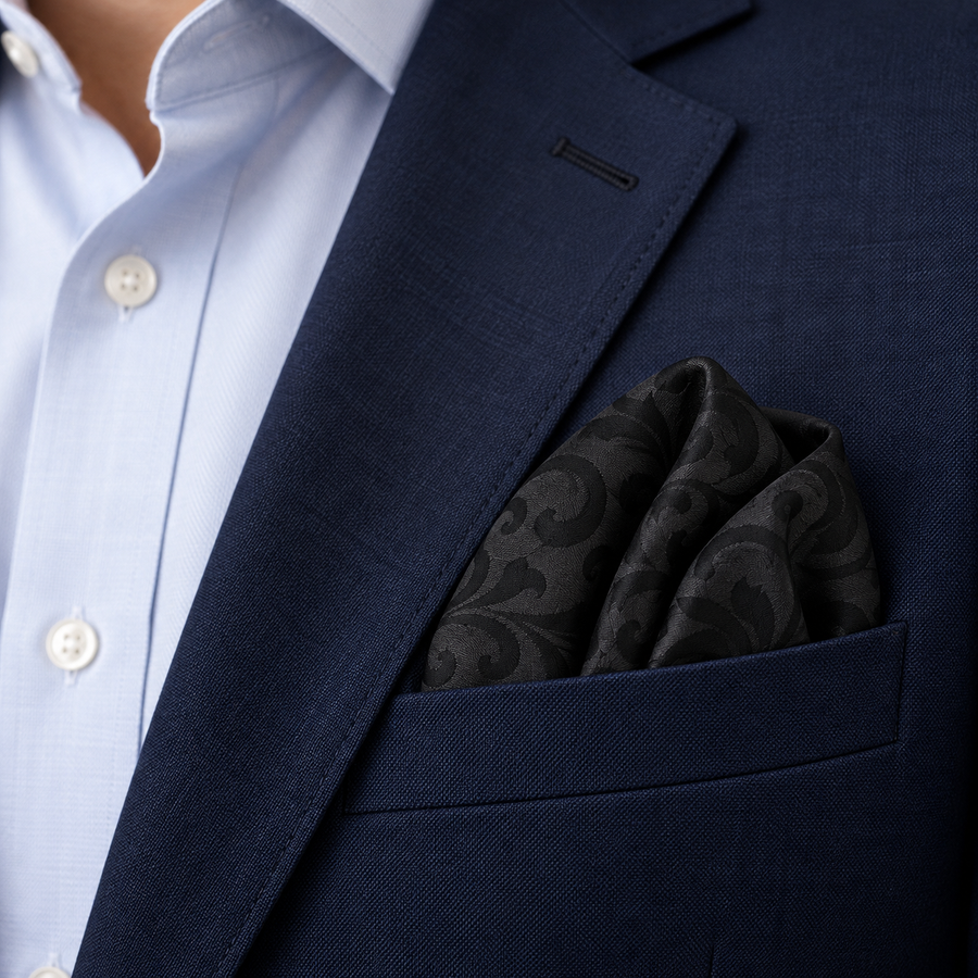 Onyx Damask Scroll Silk Pocket Square — product photograph 3