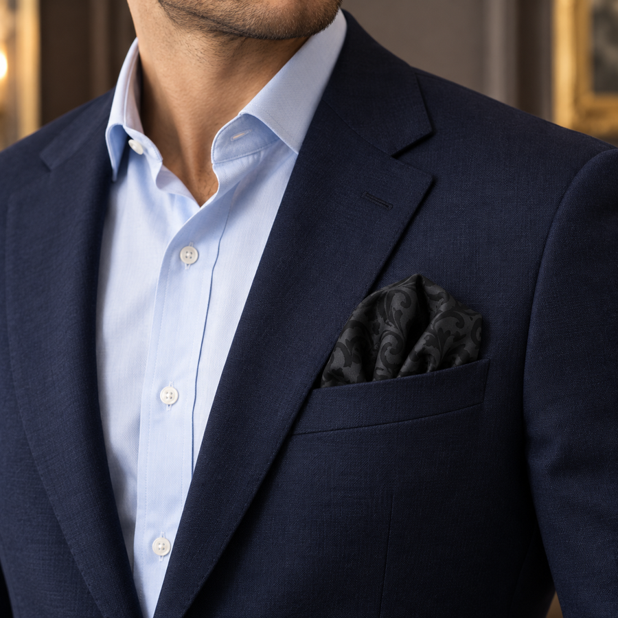 Onyx Damask Scroll Silk Pocket Square — product photograph 5