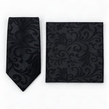 Onyx Damask Scroll silk tie and matching pocket square — Polished folded pair