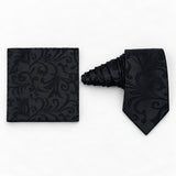 Onyx Damask Scroll silk tie and matching pocket square — Natural coiled pair