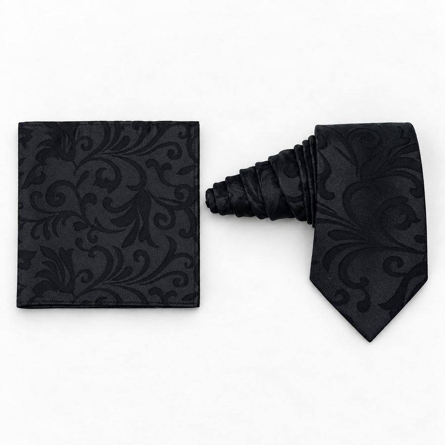 Onyx Damask Scroll silk tie and matching pocket square — Natural coiled pair