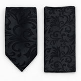 Onyx Damask Scroll silk tie and matching pocket square — Matching weave and hem
