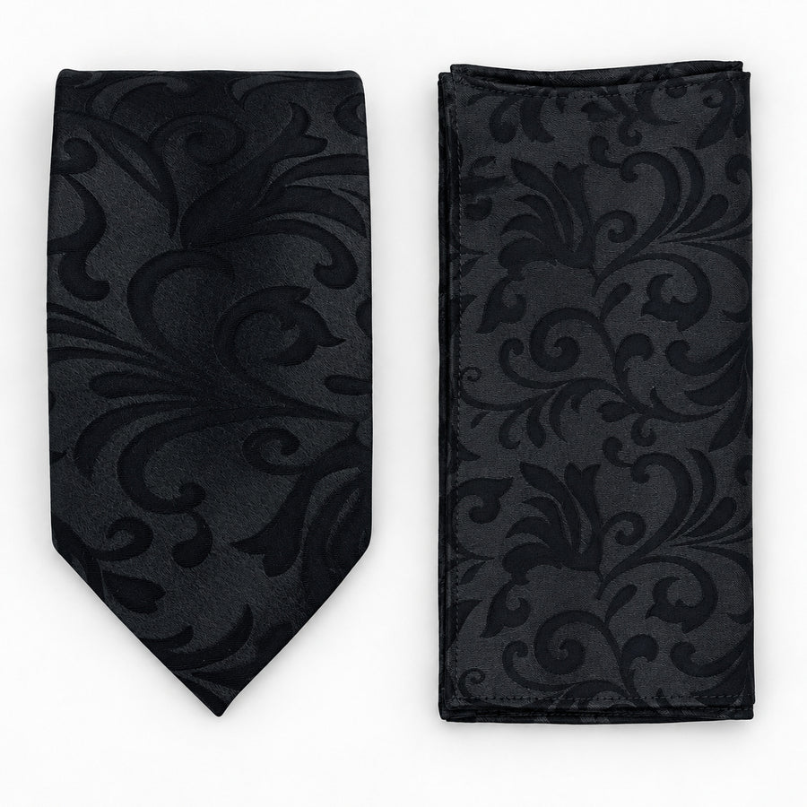 Onyx Damask Scroll silk tie and matching pocket square — Matching weave and hem