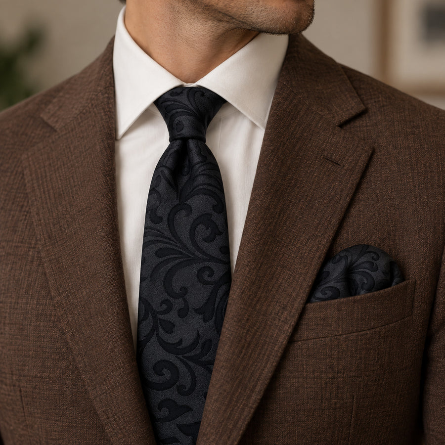 Onyx Damask Scroll silk tie and matching pocket square — Tobacco brown · notch lapel
