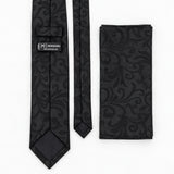 Onyx Damask Scroll silk tie and matching pocket square — Rear construction and matching fold