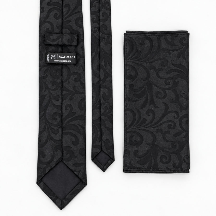 Onyx Damask Scroll silk tie and matching pocket square — Rear construction and matching fold