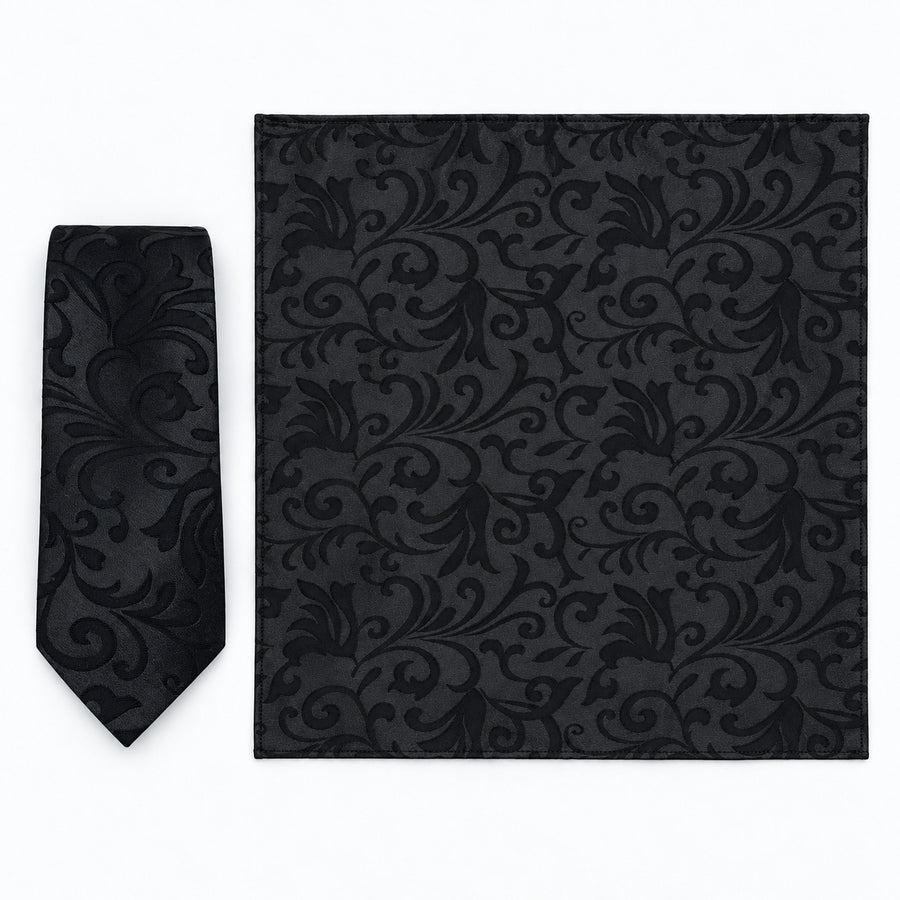 Onyx Damask Scroll silk tie and matching pocket square — Full square · overhead pair