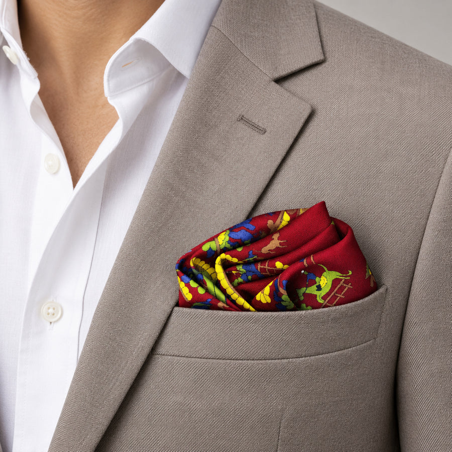 Maroon Paisley and Floral pocket square — light jacket · wearing detail.