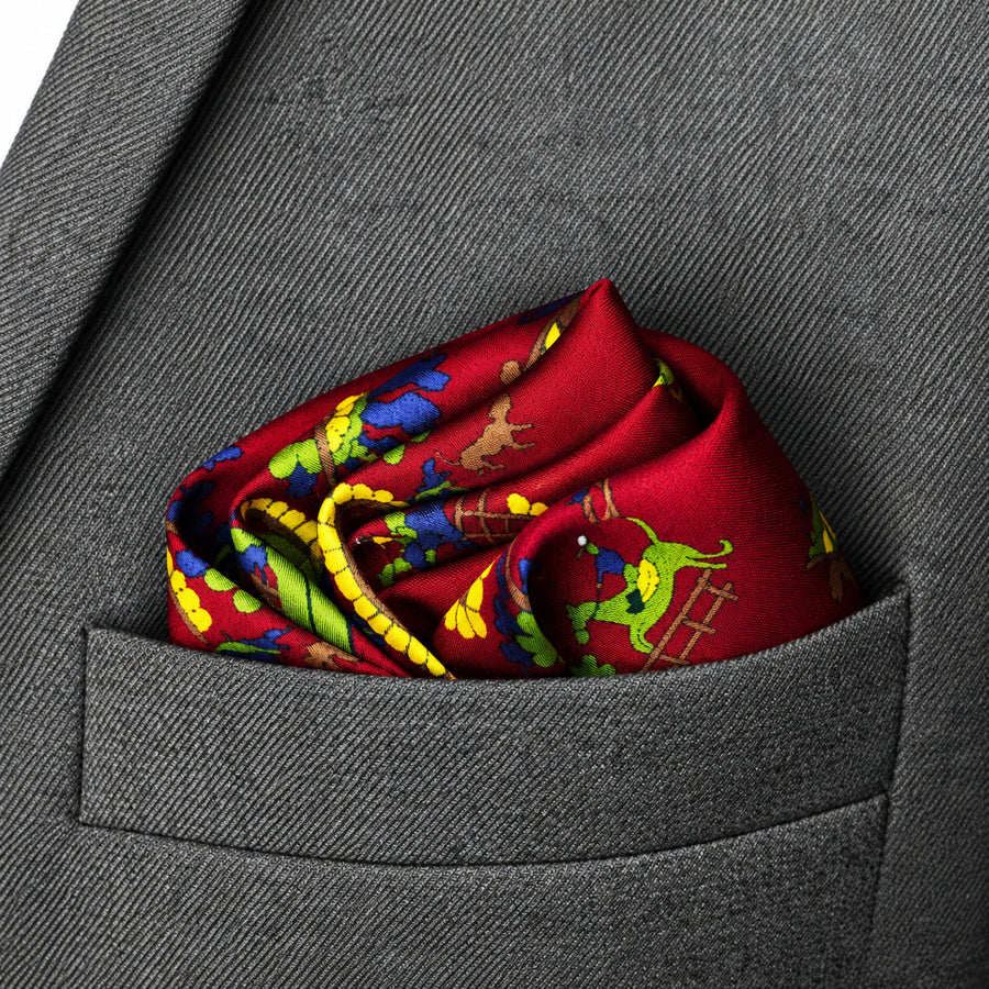 Maroon Paisley and Floral pocket square — close-up wearing detail.