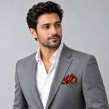 Maroon Paisley and Floral pocket square — model · light grey and open collar.